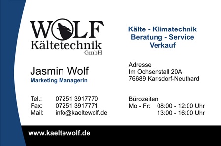 Visitenkarte von Jasmin Wolf - Wolf Kältetechnik - Marketing